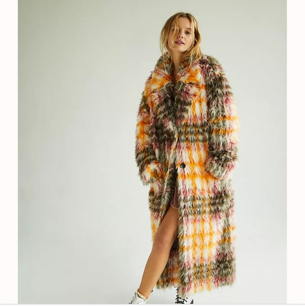 NWT Free People Cardi Plaid Faux Fur Coat